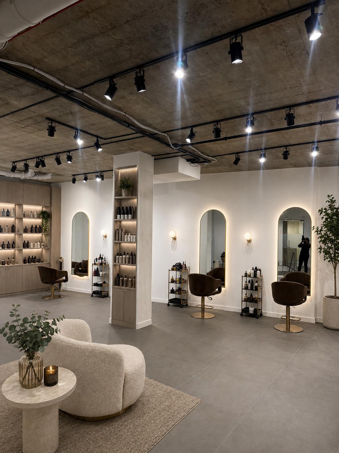 The Gloss Clinic in Mayfair, with illuminated arched mirrors, salon chairs and a curved reception sofa